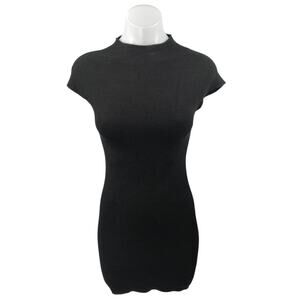 Zara Black Short Sleeve Mock Neck Knit Stretch Sweater Mini Bodycon Dress Size S